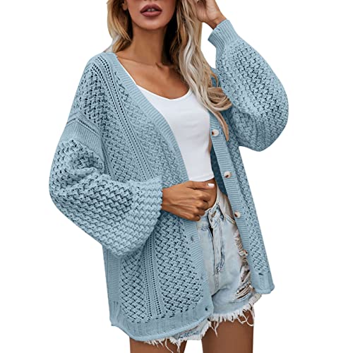 HELLORSOON Damen Solid Casual Häkeljacke Knopf Pullover Kimono Boho Oversized Cardigan Mantel Cardigans Baumwolle, hellblau, XL von HELLORSOON