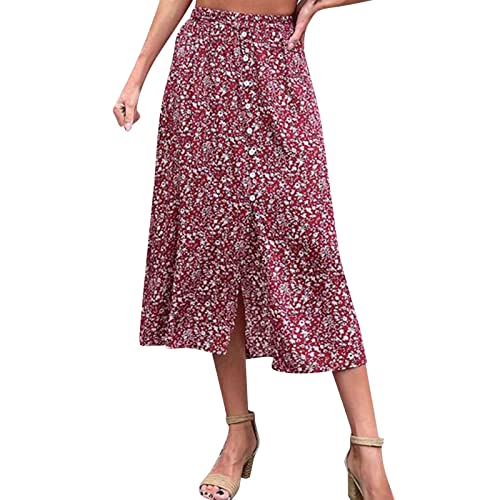 HELLORSOON Floral Midi Röcke Damen Kurzer Rock Hohe Taille Rock Bedruckt Roter Rock Blumenrock, rot, 48 von HELLORSOON