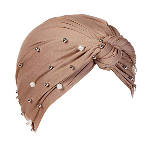 HELLORSOON Pearl Damen Wickelmütze mit Rüschen, Turban, muslimische Mütze, Perlen, Baseballkappen, für Herren, Baumwolle, braun, One size von HELLORSOON