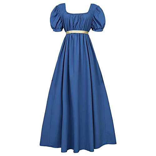 HELLORSOON Regency-Kleider für Damen mit Satin-Schärpe, gerüschten Puffärmeln, Empire-Taille Mittelalterliche Kleider Für Damen Blau (Dark Blue, XXL) von HELLORSOON