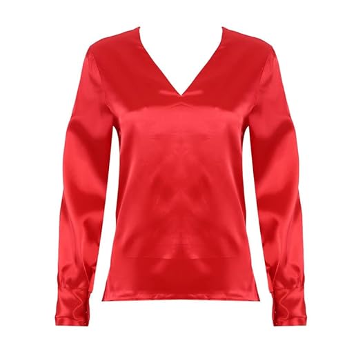 Bluse 2023 Mode Rosa Rot Satin Seidenbluse Damen Damen Casual Langarm Vintage V-Ausschnitt Solide Shirts Büro Damen Blusen Shirts E (Farbe : Red, Size : XL) von HELVES