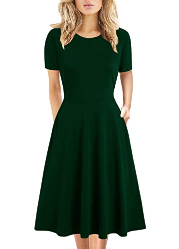 Damen Elegant Vintage 50er Jahre Büro Casual Blumendruck Arbeit Party A-Linie Swing Kleid mit Taschen 162, Grün , X-Groß von HELYO