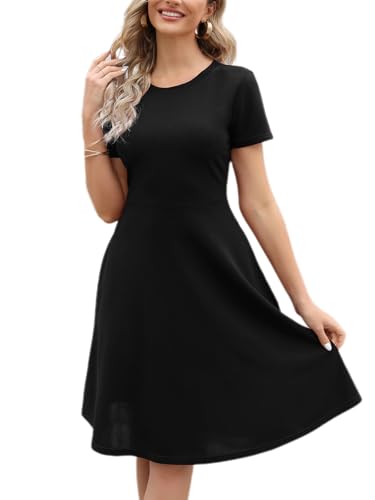 Damen Elegant Vintage Sommer Freizeitkleider Knielang Blumendruck Arbeit A-Linie Kleid mit Taschen 262, Schwarz einfarbig, X-Groß von HELYO