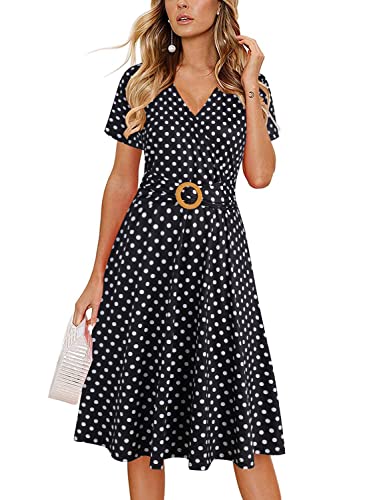 Elegantes Damenkleid mit überkreuztem V-Ausschnitt, Vintage-Stil, kurzärmelig, Arbeit, legere Passform und ausgestelltes Teekleid mit Taschen, 980, Schwarze Punkte, Groß von HELYO