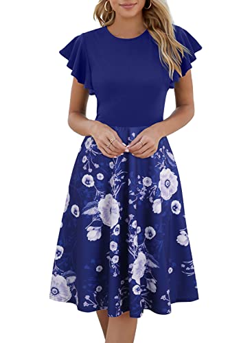 HELYO 842 Damenkleid mit Rüschenärmeln, V-Rücken, Arbeitspassform und ausgestelltem Cocktailkleid, Hochzeitsgästekleid mit Taschen, Royal-Floral, Mittel von HELYO