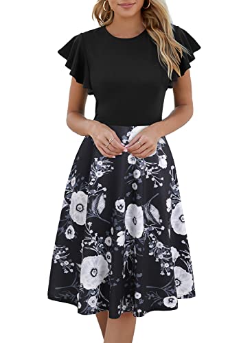 HELYO Damen Semi-Formal Rüschen Ärmel V-Rücken Work Fit und Flare Cocktail Hochzeit Gästekleid mit Taschen 842, Schwarz-floral-978, X-Groß von HELYO
