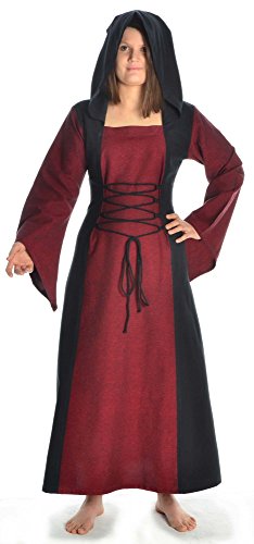 HEMAD Damen Mittelalter Kleid zum Schnüren mit Gugel dunkelrot-schwarz M von HEMAD