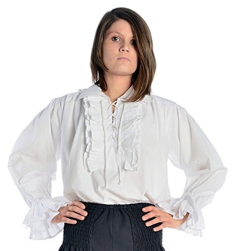 HEMAD Rüschenbluse Schnürbluse Piraten-Bluse weiß schwarz XS-XXXL Reine Baumwolle (XL, weiß) von HEMAD