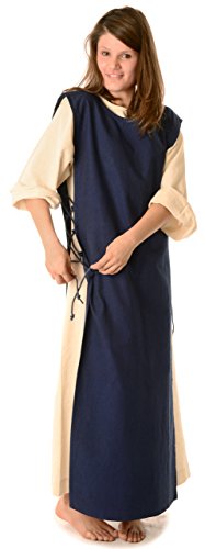 HEMAD Damen Mittelalter Kleid naturbeige mit Skapulier blau Reine Baumwolle mit Leinenstruktur S von HEMAD