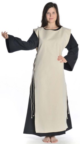 HEMAD Damen Mittelalter Kleid schwarz mit Skapulier S-XL Reine Baumwolle mit Leinenstruktur (L, schwarz-beige) von HEMAD