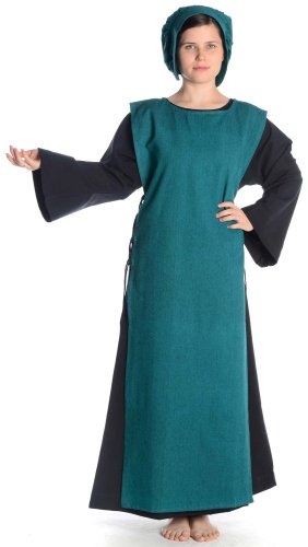 HEMAD Damen Mittelalter Kleid schwarz mit Skapulier S-XL Reine Baumwolle mit Leinenstruktur (XL, schwarz-grün) von HEMAD