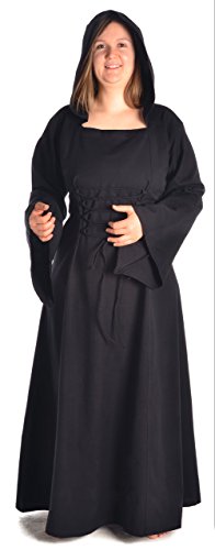 HEMAD Damen Mittelalter Kleid zum Schnüren mit Gugel schwarz L von HEMAD