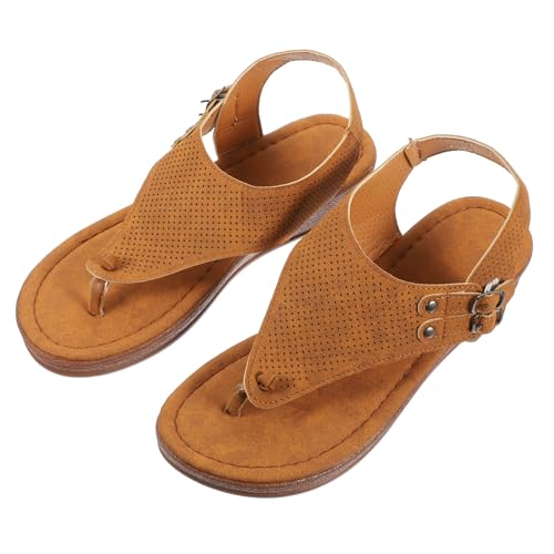 HEMOTON Damen Sandalen Flach Sommerschuhe PU Rubber Rutschfest Strand Urlaub Party Leicht Atmungsaktiv Hellbraun von HEMOTON