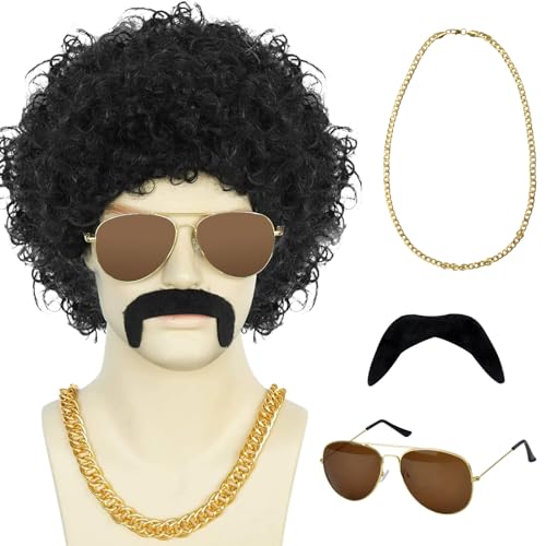 Afro Perücke Schwarz Herren Damen 70er 80er Jahre Kostüm Disco Männer Karneval Fasching Perücke Herren Schnurrbart Zum Ankleben Faschingskostüme Halloween Party Kostüme von HENGBIRD