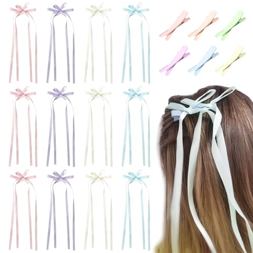 HENGBIRD 12 Stück Haarschleife Damen und 6 Bunte Haarklammer, Haargummi Schleifen Haare Doppellagiges Quastenband Haarspange Schleife Lange Bänder Haarschleife mit Dünne Bänder, Hair Bow für Damen Mäd von HENGBIRD