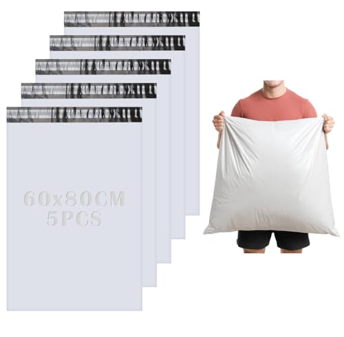 HENGBIRD 5 Stück Versandtüten Groß Versandtaschen 60x80 cm Versandbeutel Selbstklebend Blickdicht Shipping Bags Weiß Plastik Versandbeutel wasserdichte Versandtaschen Warensendung für Versand von HENGBIRD