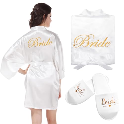 HENGBIRD Bride Morgenmantel Damen Bademantel Satin Kimono V Ausschnitt Nachtwäsche mit Hausschuhe für Hochzeit JGA Partydeko von HENGBIRD