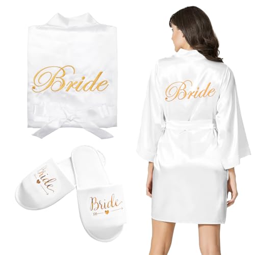 HENGBIRD Bride Morgenmantel Damen Bademantel Satin Kimono V Ausschnitt Nachtwäsche mit Hausschuhe für Hochzeit JGA Partydeko von HENGBIRD