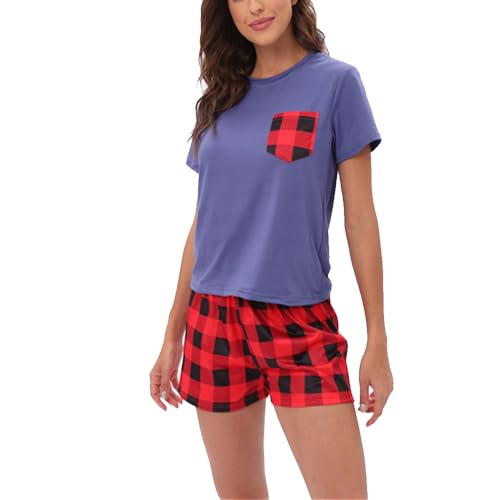 HENGERTOP Damen Pyjama Set U-Ausschnitt Schlafanzug Sommer Hausanzug für Frauen, Pyjamas Set Zweiteiliger Nachtwäsche PJs (DE/NL/SE/PL, Alphanumerisch, L, Regular, Regular, Blau) von HENGERTOP