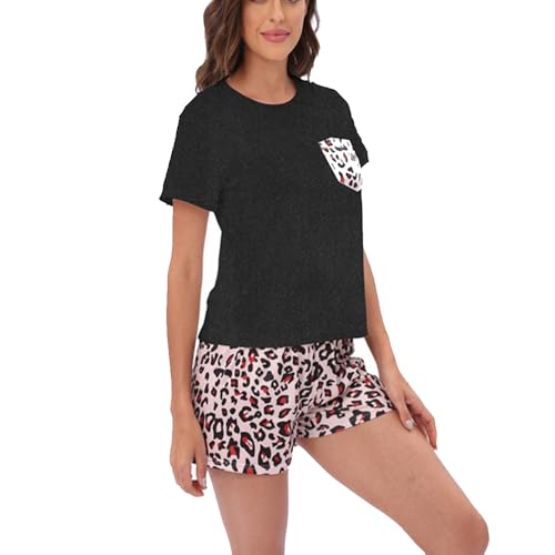 HENGERTOP Damen Pyjama Set U-Ausschnitt Schlafanzug Sommer Hausanzug für Frauen, Pyjamas Set Zweiteiliger Nachtwäsche PJs (DE/NL/SE/PL, Alphanumerisch, L, Regular, Regular, Schwarz) von HENGERTOP
