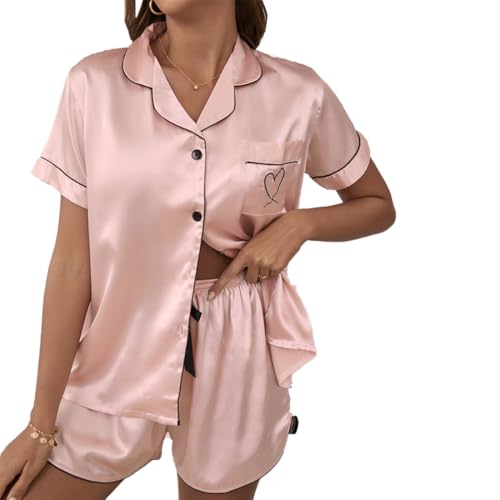 HENGERTOP Damen Satin Schlafanzug Kurzarm Satin Pyjama Set mit Knopfleiste Zweiteiliger, Frauen Silk Pjs Sets Hausanzug Loungewear (DE/NL/SE/PL, Alphanumerisch, L, Regular, Regular, Rosa) von HENGERTOP