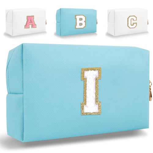 HENGNI Kleine Make-up-Tasche mit Buchstaben, niedliches PU-Leder, Chenille-Buchstaben, Kosmetiktasche, Reise-Make-up-Tasche, Reise-Organizer, Reißverschluss-Tasche für Damen und Mädchen, Blau, I, von HENGNI