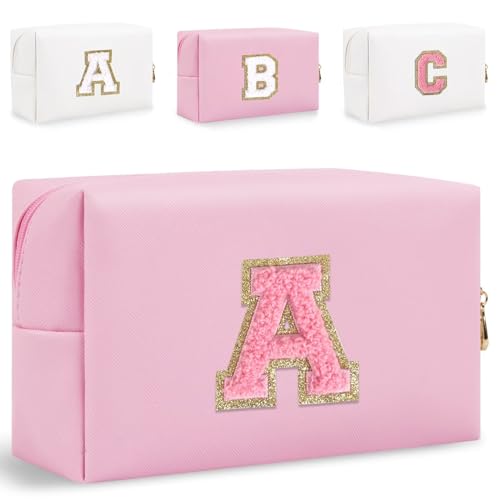 HENGNI Kleine Make-up-Tasche mit Buchstaben, niedliches PU-Leder, Chenille-Buchstaben, Kosmetiktasche, Reise-Make-up-Tasche, Reise-Organizer, Reißverschluss-Tasche für Damen und Mädchen, Pink., A von HENGNI