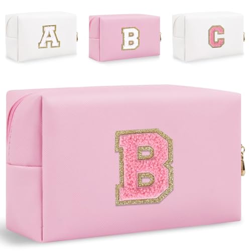 HENGNI Kleine Make-up-Tasche mit Buchstaben, niedliches PU-Leder, Chenille-Buchstaben, Kosmetiktasche, Reise-Make-up-Tasche, Reise-Organizer, Reißverschluss-Tasche für Damen und Mädchen, Pink., B, Für von HENGNI