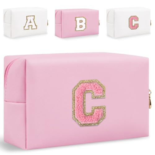 HENGNI Kleine Make-up-Tasche mit Buchstaben, niedliches PU-Leder, Chenille-Buchstaben, Kosmetiktasche, Reise-Make-up-Tasche, Reise-Organizer, Reißverschluss-Tasche für Damen und Mädchen, Pink., C von HENGNI