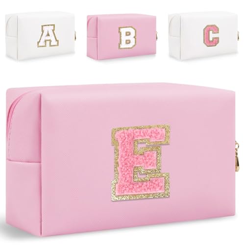 HENGNI Kleine Make-up-Tasche mit Buchstaben, niedliches PU-Leder, Chenille-Buchstaben, Kosmetiktasche, Reise-Make-up-Tasche, Reise-Organizer, Reißverschluss-Tasche für Damen und Mädchen, Pink., E, Für von HENGNI