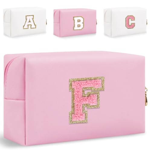 HENGNI Kleine Make-up-Tasche mit Buchstaben, niedliches PU-Leder, Chenille-Buchstaben, Kosmetiktasche, Reise-Make-up-Tasche, Reise-Organizer, Reißverschluss-Tasche für Damen und Mädchen, Pink., F von HENGNI