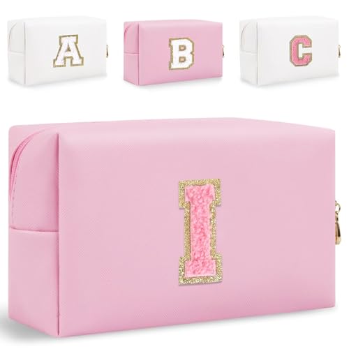 HENGNI Kleine Make-up-Tasche mit Buchstaben, niedliches PU-Leder, Chenille-Buchstaben, Kosmetiktasche, Reise-Make-up-Tasche, Reise-Organizer, Reißverschluss-Tasche für Damen und Mädchen, Pink., I von HENGNI