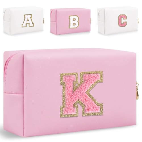 HENGNI Kleine Make-up-Tasche mit Buchstaben, niedliches PU-Leder, Chenille-Buchstaben, Kosmetiktasche, Reise-Make-up-Tasche, Reise-Organizer, Reißverschluss-Tasche für Damen und Mädchen, Pink., K von HENGNI