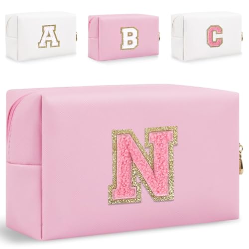 HENGNI Kleine Make-up-Tasche mit Buchstaben, niedliches PU-Leder, Chenille-Buchstaben, Kosmetiktasche, Reise-Make-up-Tasche, Reise-Organizer, Reißverschluss-Tasche für Damen und Mädchen, Pink., N von HENGNI