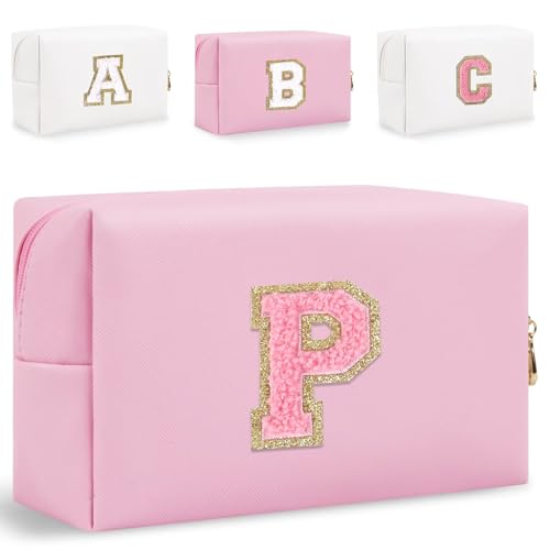 HENGNI Kleine Make-up-Tasche mit Buchstaben, niedliches PU-Leder, Chenille-Buchstaben, Kosmetiktasche, Reise-Make-up-Tasche, Reise-Organizer, Reißverschluss-Tasche für Damen und Mädchen, Pink., P von HENGNI