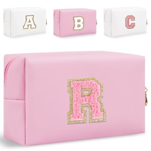 HENGNI Kleine Make-up-Tasche mit Buchstaben, niedliches PU-Leder, Chenille-Buchstaben, Kosmetiktasche, Reise-Make-up-Tasche, Reise-Organizer, Reißverschluss-Tasche für Damen und Mädchen, Pink., R, Für von HENGNI