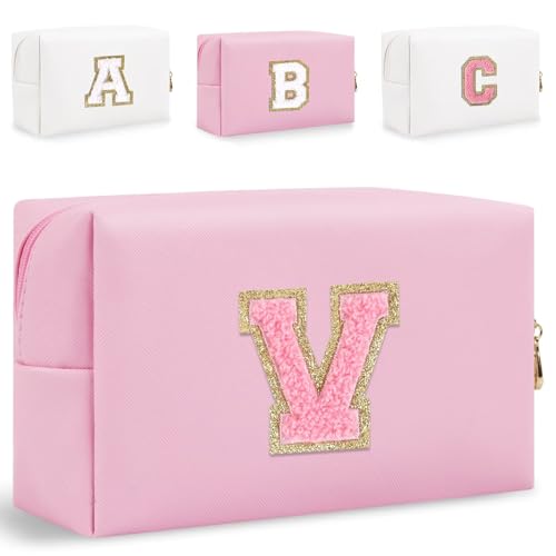 HENGNI Kleine Make-up-Tasche mit Buchstaben, niedliches PU-Leder, Chenille-Buchstaben, Kosmetiktasche, Reise-Make-up-Tasche, Reise-Organizer, Reißverschluss-Tasche für Damen und Mädchen, Pink., V von HENGNI