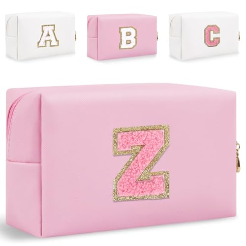 HENGNI Kleine Make-up-Tasche mit Buchstaben, niedliches PU-Leder, Chenille-Buchstaben, Kosmetiktasche, Reise-Make-up-Tasche, Reise-Organizer, Reißverschluss-Tasche für Damen und Mädchen, Pink., Z, Für von HENGNI