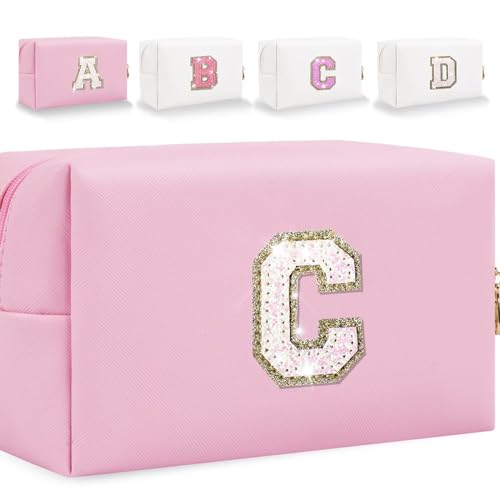 HENGNI Kleine Make-up-Tasche mit Buchstaben, niedliches PU-Leder, Chenille-Buchstaben, Kosmetiktasche, Reise-Make-up-Tasche, Reise-Organizer, Reißverschluss-Tasche für Damen und Mädchen, glitzernd von HENGNI