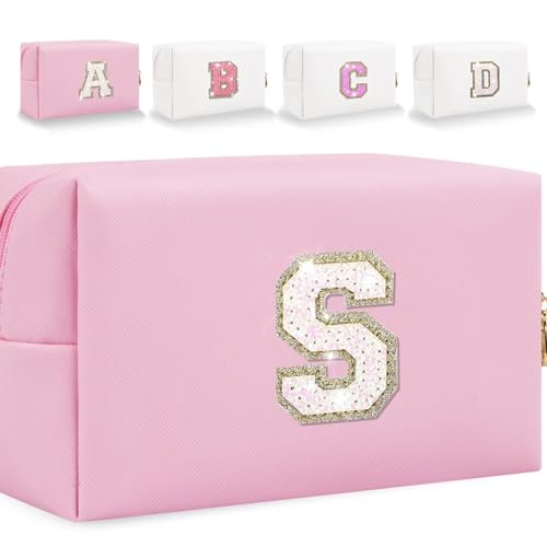 HENGNI Kleine Make-up-Tasche mit Buchstaben, niedliches PU-Leder, Chenille-Buchstaben, Kosmetiktasche, Reise-Make-up-Tasche, Reise-Organizer, Reißverschluss-Tasche für Damen und Mädchen, glitzernd von HENGNI