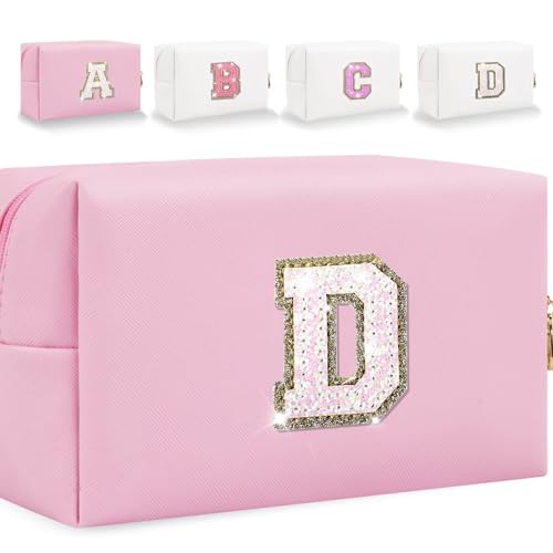 HENGNI Kleine Make-up-Tasche mit Buchstaben, niedliches PU-Leder, Chenille-Buchstaben, Kosmetiktasche, Reise-Make-up-Tasche, Reise-Organizer, Reißverschluss-Tasche für Damen und Mädchen, glitzernd von HENGNI