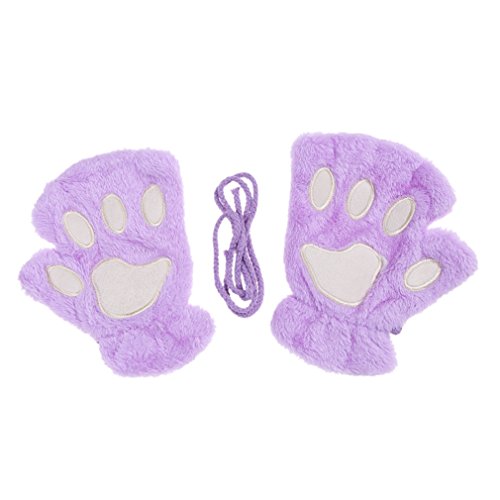 HENGSONG Damen Mädchen Süße Katze Klaue Bär Pfote Plüsch Fingerlose Handschuhe Fäustlinge Winter Halbfingerhandschuhe (Lila) von HENGSONG