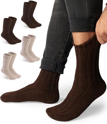 HENRY BRUBAKER Alpaka Socken - 4 Paar warme Alpakasocken - Wollsocken aus Alpakawolle - Wintersocken Kuschelsocken für Damen und Herren - Stricksocken für Kalte Tage - Beige und Braun - 43-46 von HENRY BRUBAKER