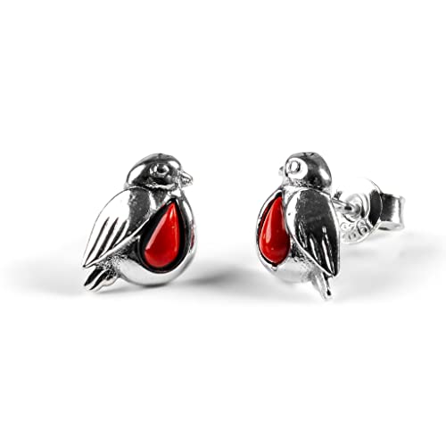 Miniatur Rotkehlchen Ohrstecker in 925 Sterling Silber und rote Koralle Weihnachtsschmuck mit Geschenkbox, Silber, Koralle von HENRYKA