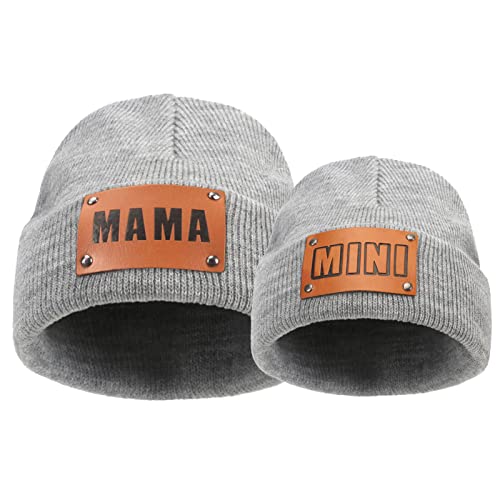 2PCS Eltern-Kind-Mütze Mama und Mini Leder Patch Winter Strickmütze Warme Bündchen Skimütze, GRAU, Einheitsgröße von HENWASAI