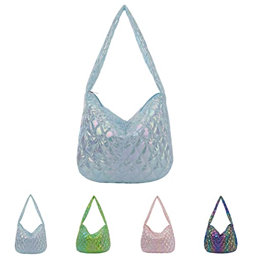 Damen Holografische gesteppte Puffer Tote Bag Große Schulter Geldbörse mit Reißverschluss Leichte Baumwollpolsterung Crossbody Taschen, Blau, Large von HENWASAI