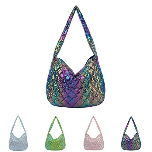 Damen Holografische gesteppte Puffer Tote Bag Große Schulter Geldbörse mit Reißverschluss Leichte Baumwollpolsterung Crossbody Taschen, Bunt von HENWASAI