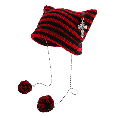 HENWASAI Damen Katzenohren Beanie mit Pompon Anhänger, niedliche gestreifte Strickmützen für Mädchen Winter Teufelshorn Häkelmütze, Schwarz und Rot (A), Einheitsgröße von HENWASAI