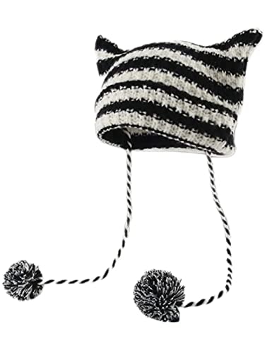 Damen Katzenohren Beanie mit Pompon Anhänger, süße gestreifte Strickmützen für Mädchen Winter Teufelshorn Häkelmütze, schwarz und weiß, Einheitsgröße von HENWASAI