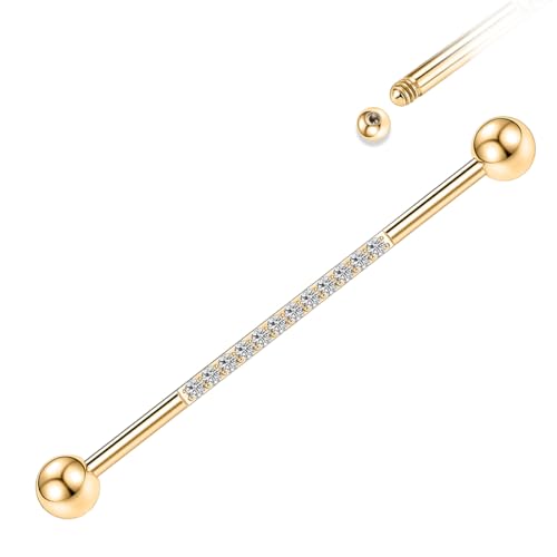 HENYQANN Industrial Piercing Gold 14G Industrial Barbell Chirurgenstahl Zungenpiercing 38mm Helix Piercing Industrial Bar Conch Ohrring Barbell Knorpelohrring Würfel Zirkon für Herren Damen von HENYQANN